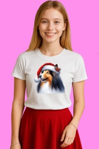 Tricou Collie Craciun Portret 2, din bumbac 100%, tricou alb, Copii | Dama | Barbat