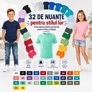 Tricou copii 100% bumbac,pentru fete și băieți 160 gm/², 32 nuanțe, mărimi 4–12 ani - Img 6