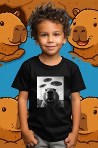 Tricou copii Capybara - selfie UFO alb negru - Img 3
