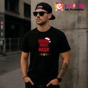 Tricou Craciun Fericit Nasu Decor, din bumbac 100%, tricou negru, Dama | Barbat