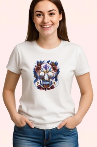 Tricou Craniu albastru mov si flori colorate fundal alb Copii | Dama | Barbat - Img 3