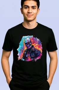 Tricou Craniu biker in flacari fundal alb Copii | Dama | Barbat, culoare negru - Img 2