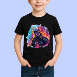 Tricou Craniu biker in flacari fundal alb Copii | Dama | Barbat, culoare negru