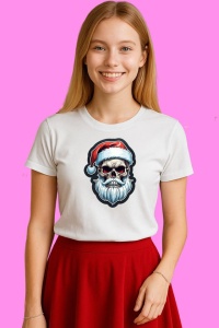 Tricou Craniu Cu Caciula De Mos Craciun 2, din bumbac 100%, tricou alb, Copii | Dama | Barbat - Img 3