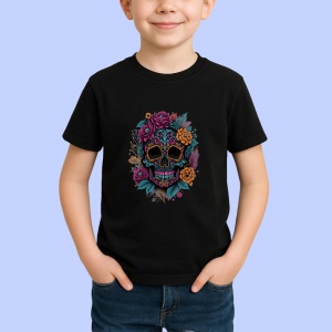 Tricou Craniu cu flori portocalii si fundal deschis Copii | Dama | Barbat, culoare negru - Img 4