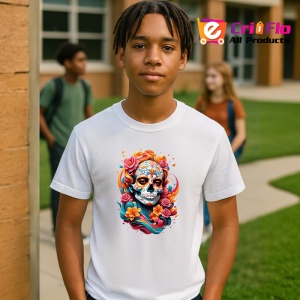 Tricou Craniu decorat cu flori in stil dia de los muertos Copii | Dama | Barbat - Img 5