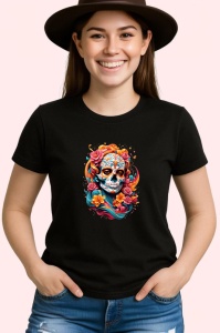 Tricou Craniu decorat cu flori in stil dia de los muertos Copii | Dama | Barbat, culoare negru - Img 3