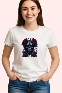 Tricou Craniu floral cu trandafiri rosii stil dia de los muertos Copii | Dama | Barbat
