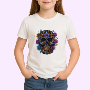 Tricou Craniu negru cu aur si trandafiri violet fundal alb Copii | Dama | Barbat - Img 4