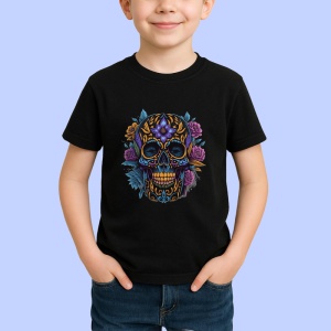 Tricou Craniu negru cu aur si trandafiri violet fundal alb Copii | Dama | Barbat, culoare negru - Img 3