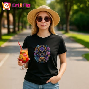 Tricou Craniu negru cu aur si trandafiri violet fundal alb Copii | Dama | Barbat, culoare negru - Img 7