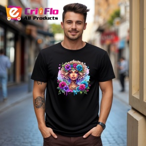 Tricou Curly blonde floral crown girl, fata blonda creata cu coronita florala, Copii | Dama | Barbat , tricou negru - Img 10
