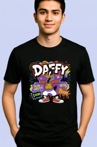 Tricou Daffy boom violet vibes cu sneakers cool Copii | Dama | Barbat, negru - Img 2