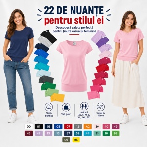 Tricou Damă 100% Bumbac cu Bandă Jos – Croială Lejeră, 22 Culori, XS-3XL - Img 7