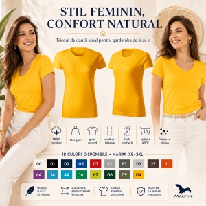 Tricou Damă Basic Free din Bumbac, Guler Rotund, Croială Cambrată, Fără Etichetă, 18 Culori, XS–2XL