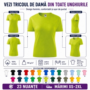 Tricou Damă din Bumbac 100%, Guler Rotund, Slim fit cambrat, XS-2XL, 23 Culori - Img 9