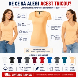 Tricou Damă Elastic cu Decolteu Adânc, Croială Slim Fit, 95% Bumbac, 5% Elastan, 10 Culori, XS–2XL - Img 2