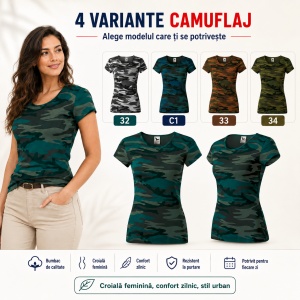 Tricou damă Malfini Camo Pure C22 – 100% bumbac, croială cambrată, imprimeu camuflaj