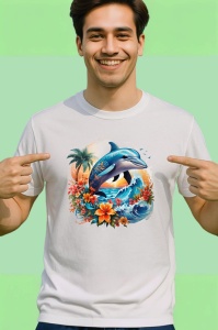 Tricou Delfini sarind in valuri cu flori tropicale Copii | Dama | Barbat - Img 2