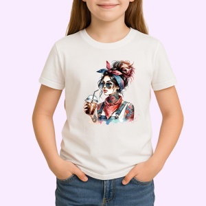Tricou denim bandana girl with iced drink, fata cu bandana si bautura rece, Copii | Dama | Barbat - Img 3