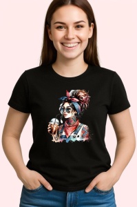 Tricou Denim bandana girl with iced drink, fata cu bandana si bautura rece, Copii | Dama | Barbat , tricou negru - Img 3