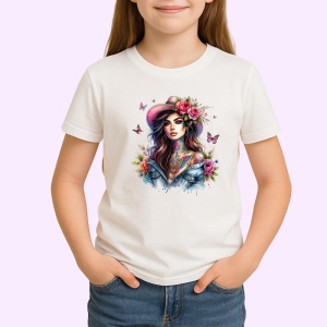 Tricou denim jacket roses butterflies girl, fata cu geaca de blugi trandafiri si fluturi, Copii | Dama | Barbat - Img 3