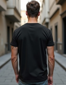 Bărbat văzut din spate, purtând un tricou negru și blugi, stând pe o stradă urbană între clădiri.