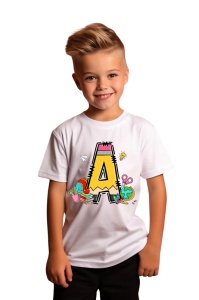 Tricou din bumbac 100% pentru copii, litera A, Back To School, educatie, creioane, carti - Img 2