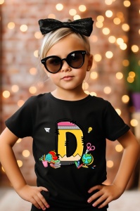 Tricou din bumbac 100% pentru copii, litera D, Back To School, educatie, creioane, carti - Img 6