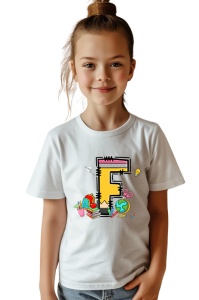 Tricou din bumbac 100% pentru copii, litera F, Back To School, educatie, creioane, carti