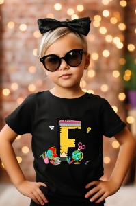Tricou din bumbac 100% pentru copii, litera F, Back To School, educatie, creioane, carti - Img 6