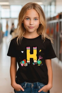 Tricou din bumbac 100% pentru copii, litera H, Back To School, educatie, creioane, carti - Img 6