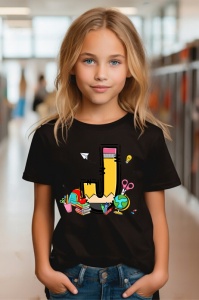 Tricou din bumbac 100% pentru copii, litera J, Back To School, educatie, creioane, carti - Img 6