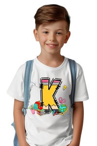 Tricou din bumbac 100% pentru copii, litera K, Back To School, educatie, creioane, carti - Img 2