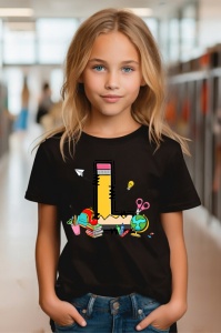 Tricou din bumbac 100% pentru copii, litera L, Back To School, educatie, creioane, carti - Img 6