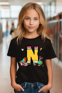 Tricou din bumbac 100% pentru copii, litera N, Back To School, educatie, creioane, carti - Img 6