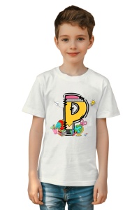 Tricou din bumbac 100% pentru copii, litera P, Back To School, educatie, creioane, carti