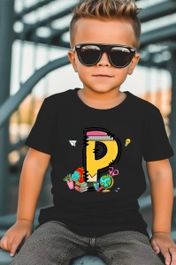 Tricou din bumbac 100% pentru copii, litera P, Back To School, educatie, creioane, carti - Img 6