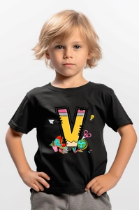 Tricou din bumbac 100% pentru copii, litera V, Back To School, educatie, creioane, carti - Img 6