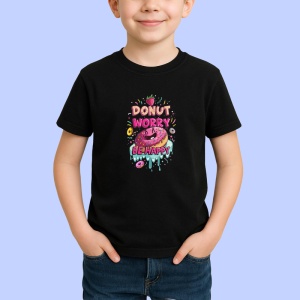 Tricou Donut Worry Be Happy Gogosi Roz, Copii | Dama | Barbat, culoare negru - Img 2