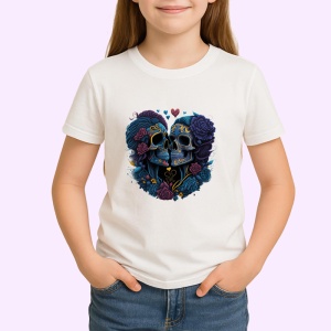 Tricou Doua cranii intr o inima cu trandafiri fundal alb Copii | Dama | Barbat - Img 4