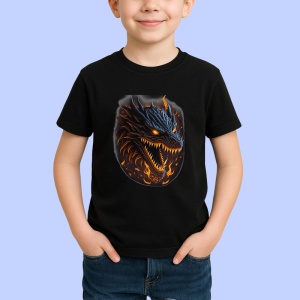 Tricou Dragon negru cu ochi rosii si flacari pe fundal Copii | Dama | Barbat, culoare negru - Img 4