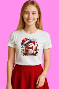 Tricou E Litere Craciun Cu Spiridus Si Caciula Mos, din bumbac 100% Copii | Dama | Barbat