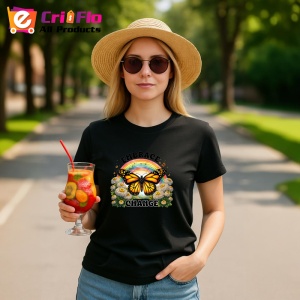 Tricou Embrace change fluture galben cu curcubeu si margarete Copii | Dama | Barbat, negru - Img 11
