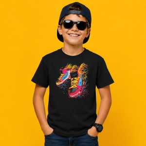 Tricou Fire Sneaker Burning Shoe Blue Red Urban Street Fashion, din bumbac 100%, tricou negru, Copii | Dama | Barbat - Img 3