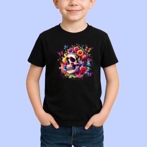 Tricou Floral skull pastel pop, craniu pastel cu explozie florala, Copii | Dama | Barbat , tricou negru - Img 2