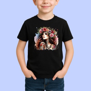 Tricou Flower crown confident girl with tattoos, fata increzatoare cu tatuaje si coronita florala, Copii | Dama | Barbat , tricou negru - Img 2