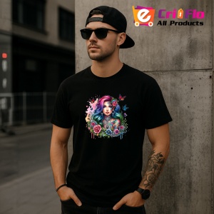 Tricou Flower crown girl rainbow hair, fata cu coroana de flori si par curcubeu, Copii | Dama | Barbat , tricou negru - Img 11