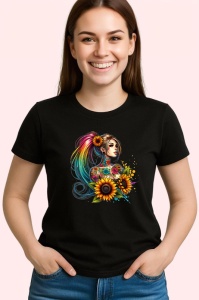 Tricou Flower crown girl side profile, fata cu profil lateral si coroana de flori, Copii | Dama | Barbat , tricou negru