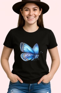 Tricou Fluture albastru cu aripi deschise si buline elegante Copii | Dama | Barbat, negru - Img 3